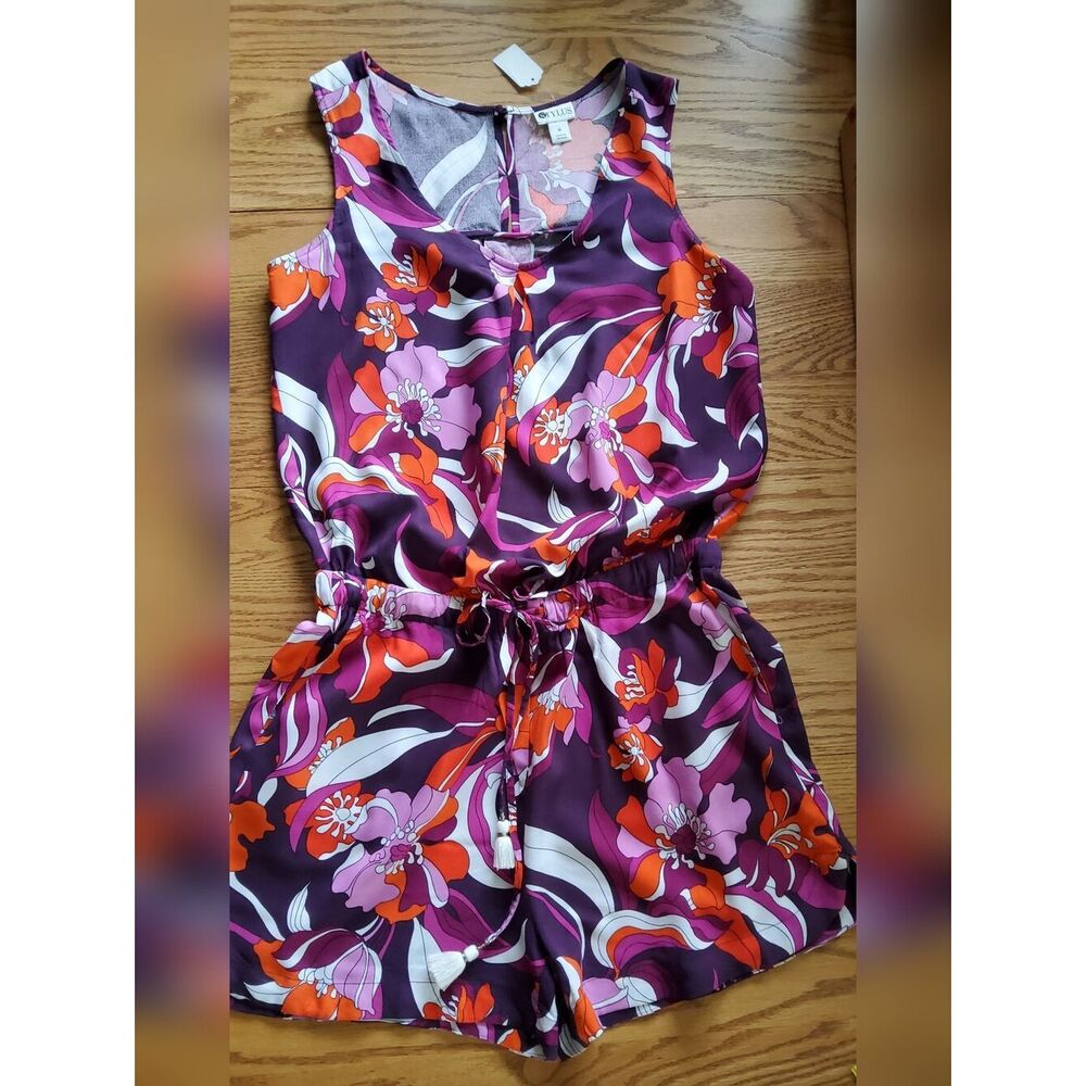 D37 STYLUS Pink Purple & Orange Floral Sleeveless Shorts Romper Drawstring Waist